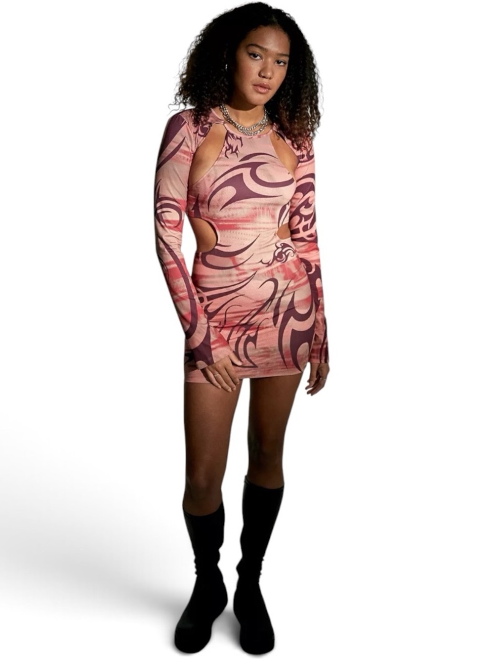 Jaded London Dystopia Abstract Print Cutout Long Sleeve Mini Dress